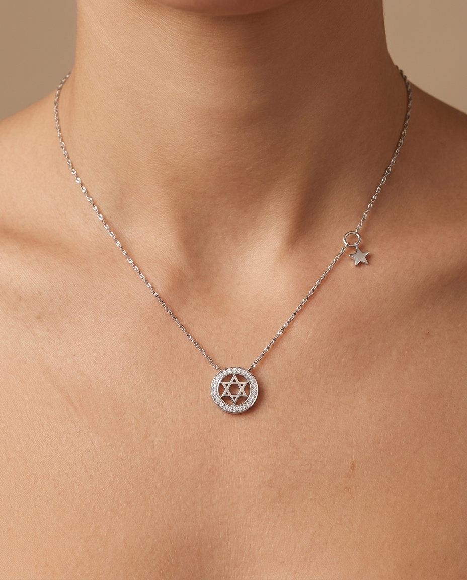 Diamond Star of David with Circle Border Necklace in White Gold on model
