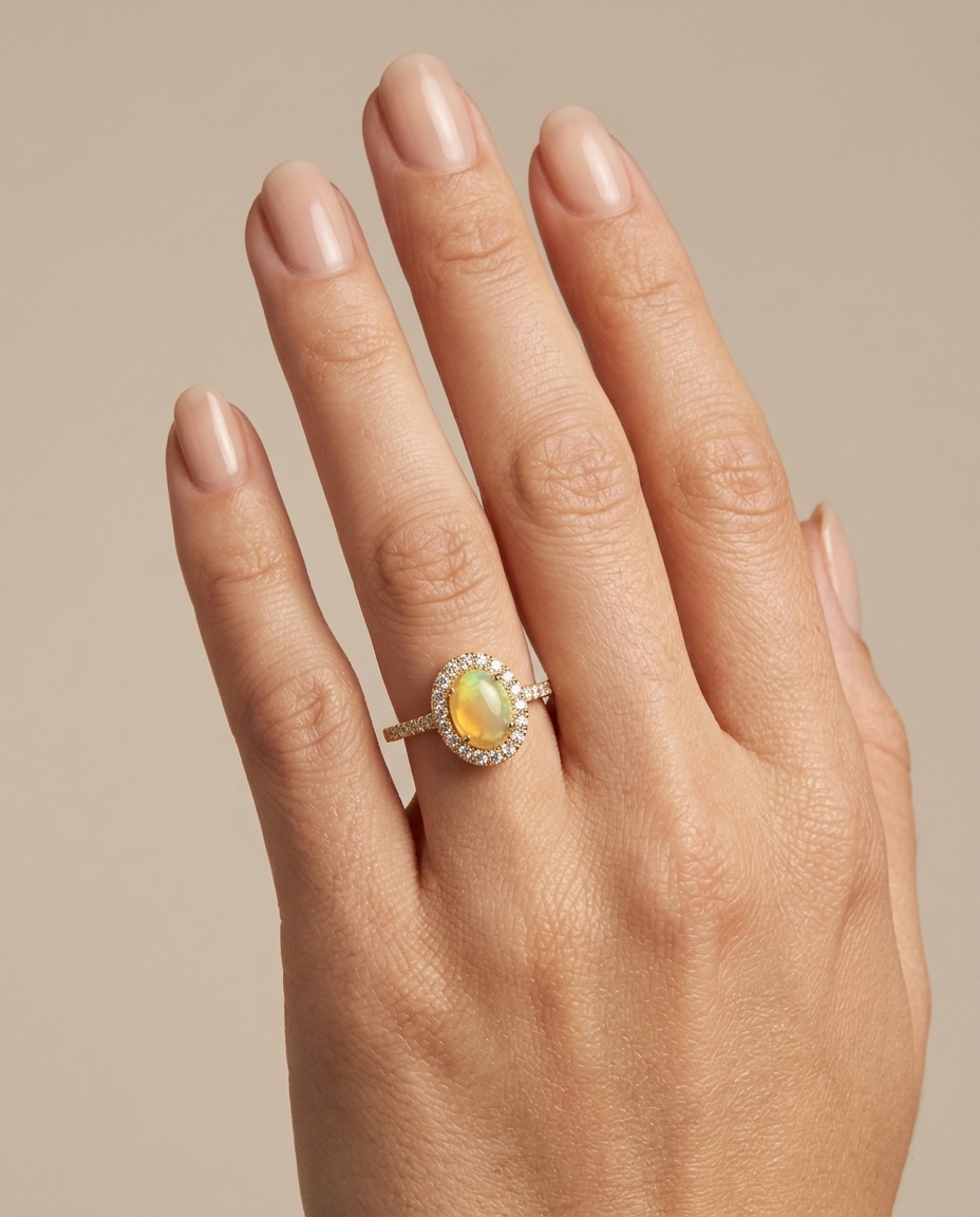 14KT Yellow Gold Diamond / Stone Oval Shape Ring on model