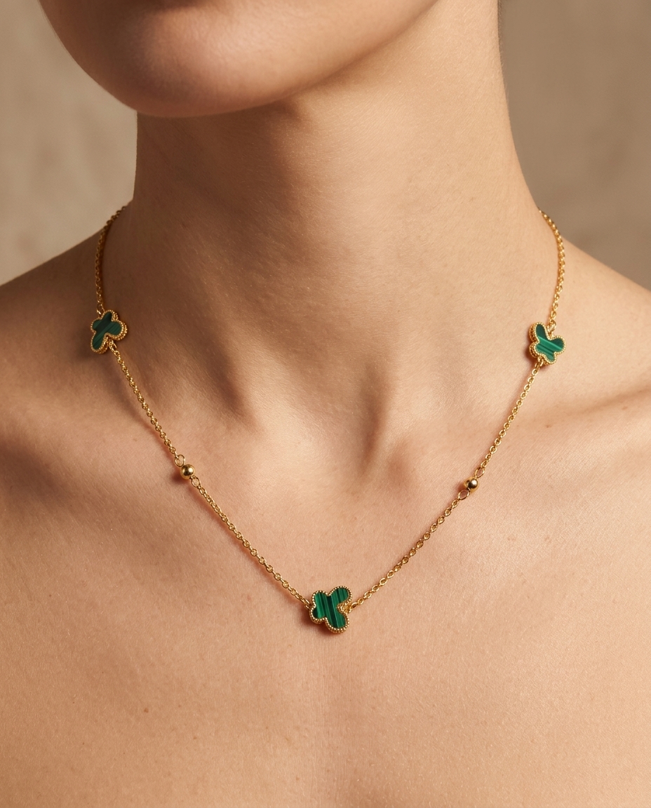 14KT Gold Malachite Butterfly and Ball Necklace on model