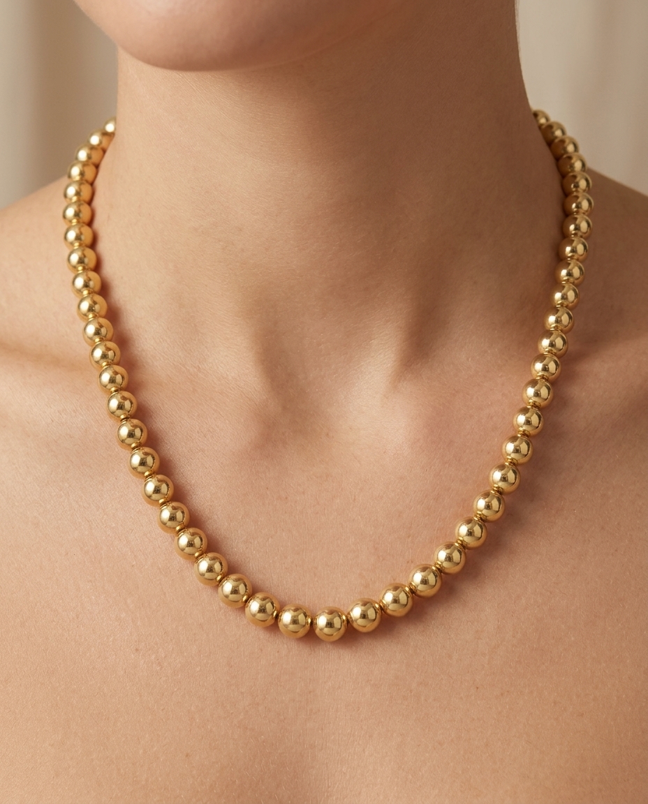 14KT Yellow Gold 7 MM Hollow Ball Necklace on model
