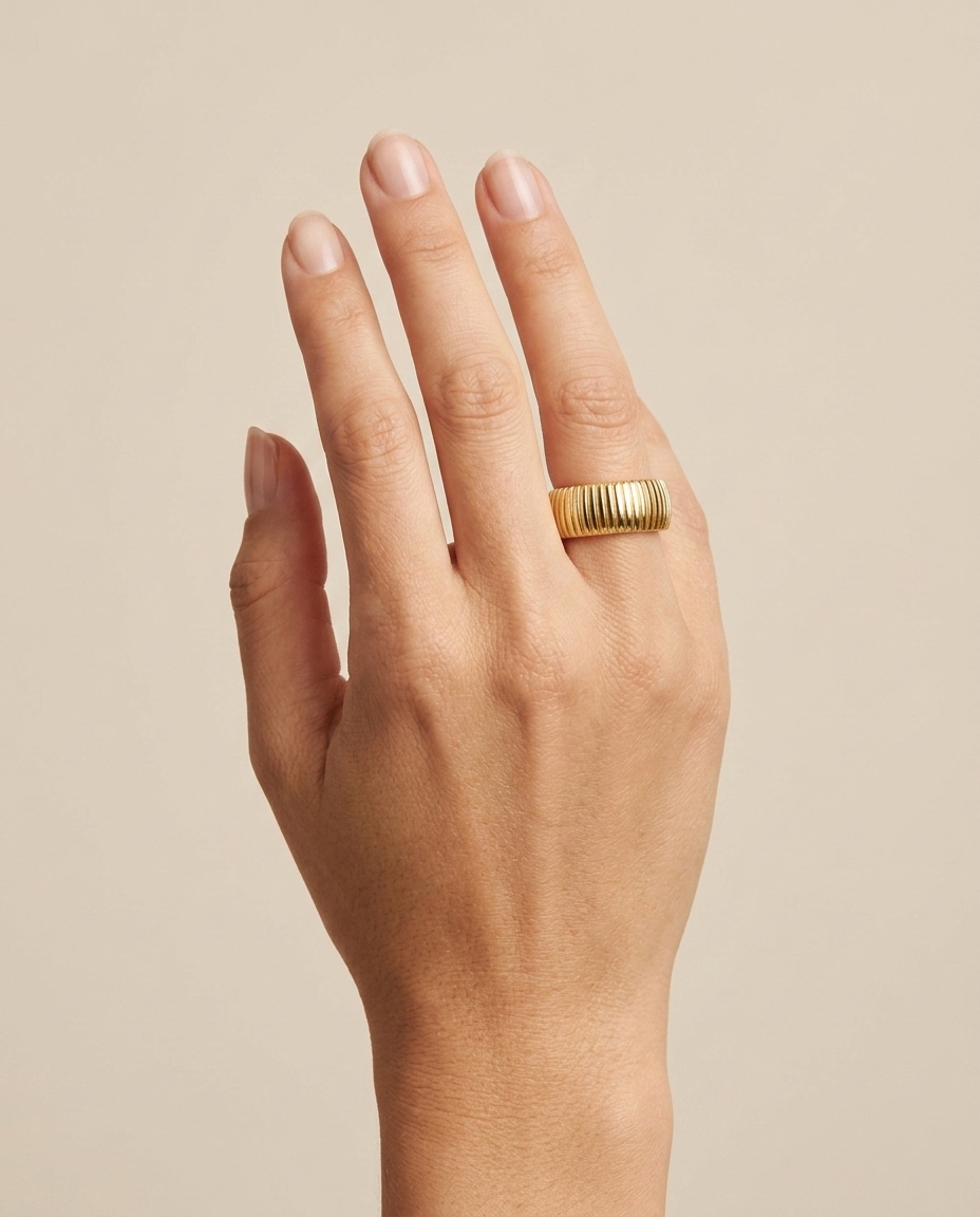 14KT Yellow Plain Gold Ridged Donut Ring on model