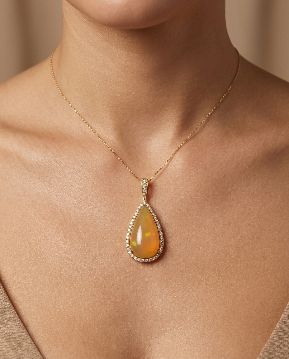 14KT Yellow Gold Opal Pendant with Diamonds on model