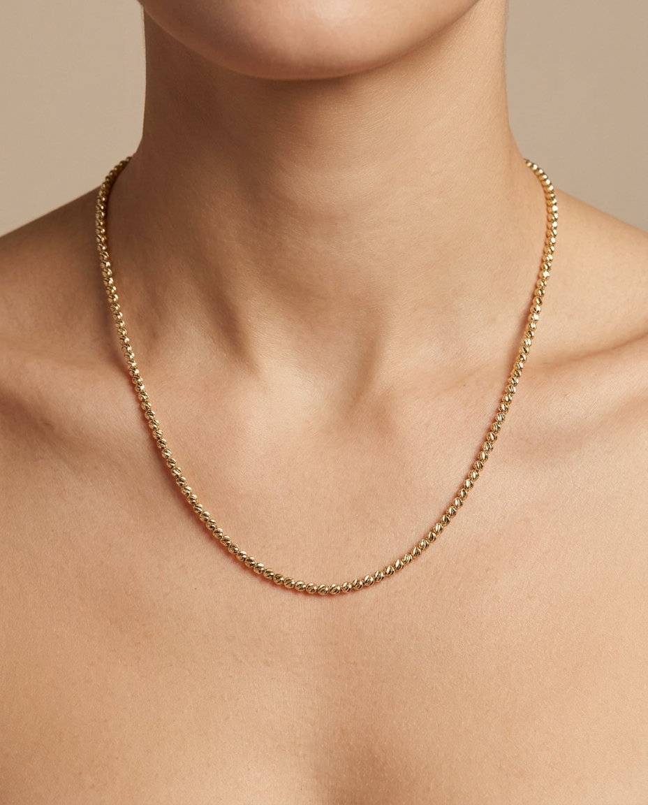 14KT Yellow Gold Diamond Cut Beads Necklace on model