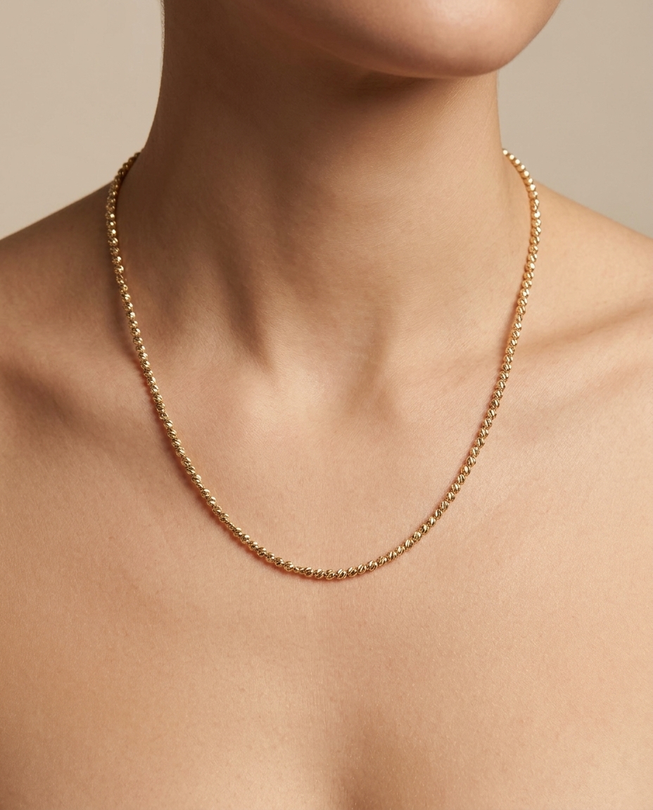 14KT Yellow Gold Diamond Cut Beads Necklace on model