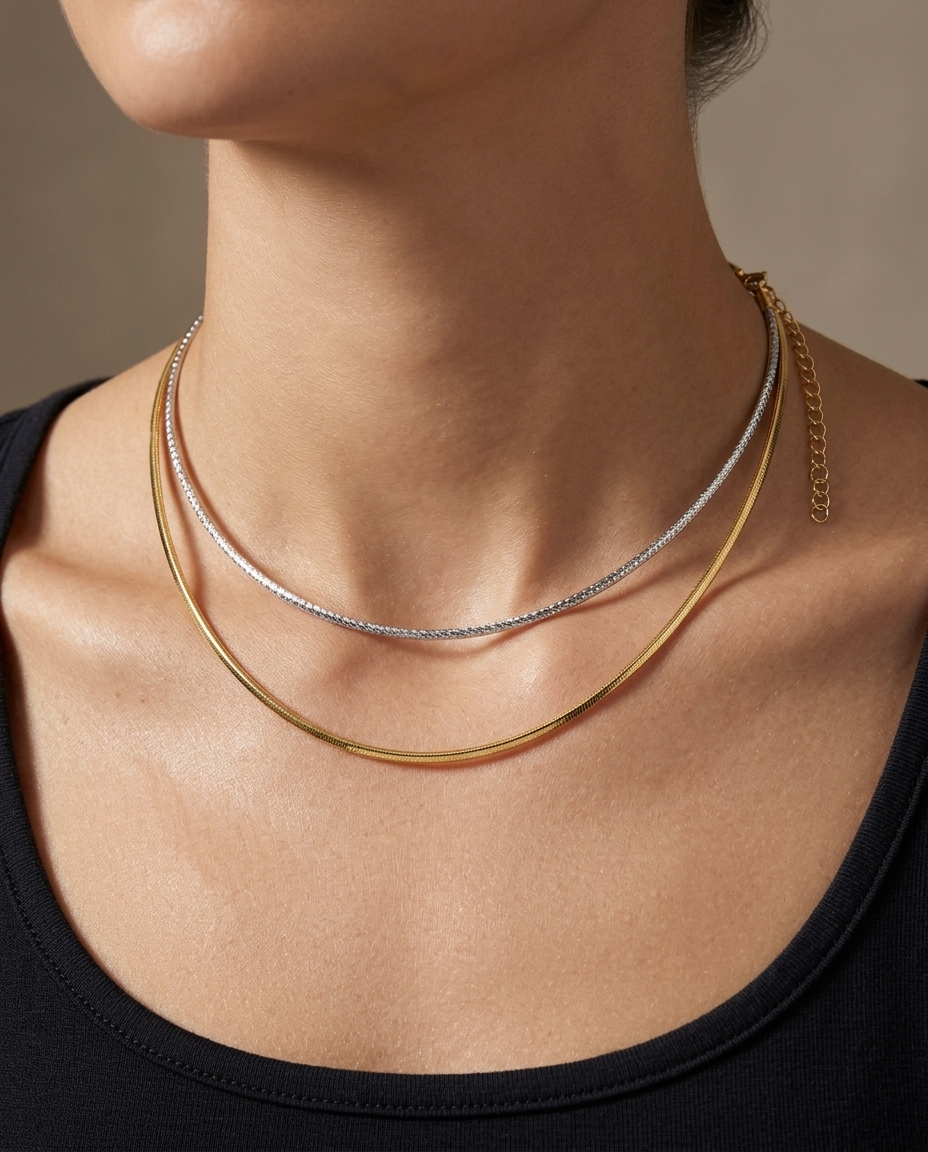 14KT Two Tone Gold Omega Necklace on model
