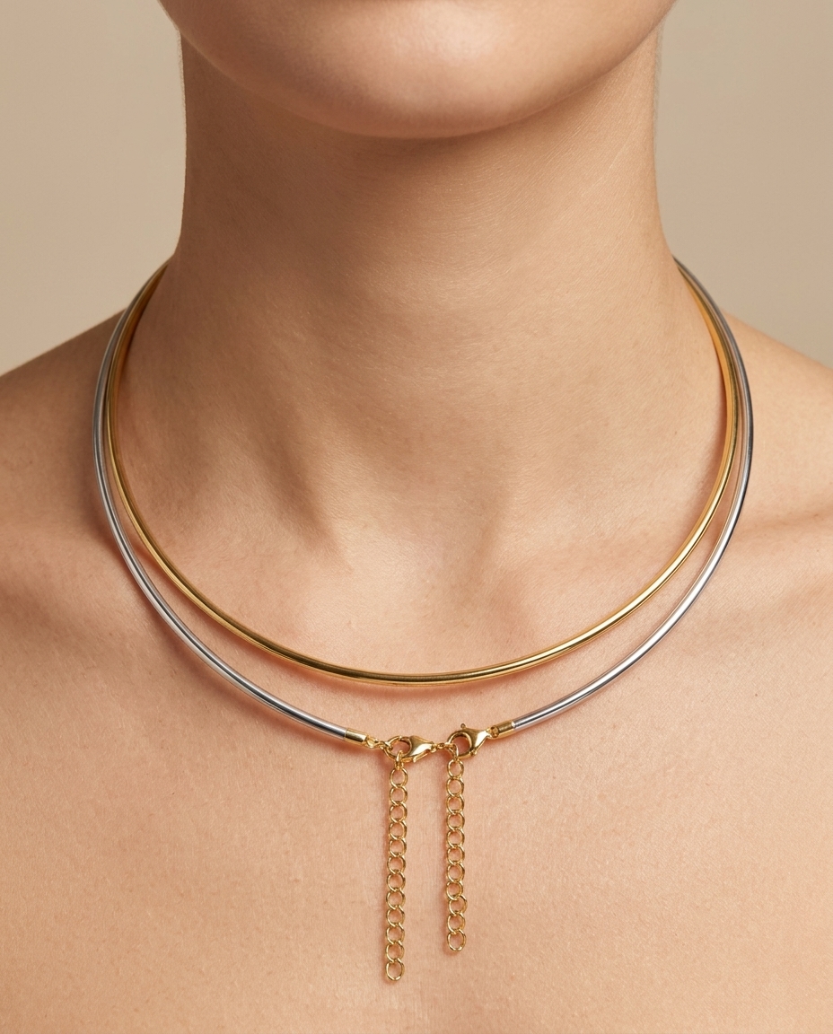 14KT Two Tone Gold Omega Necklace on model