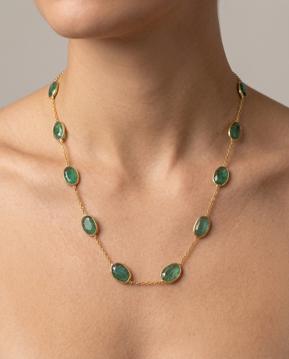 18KT Yellow Gold Bezeled Emerald Necklace 18INCH on model