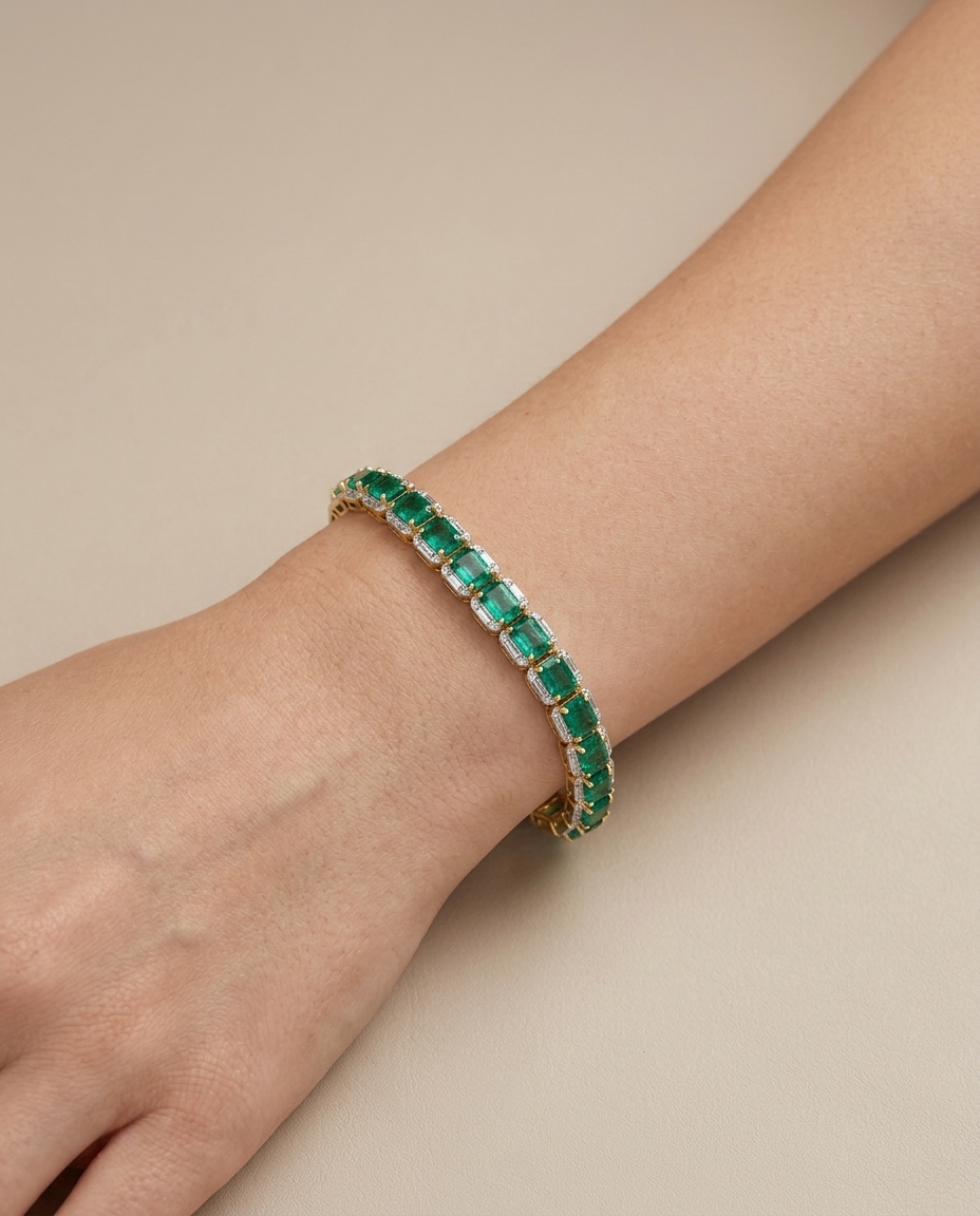 14KT Yellow Gold Emerald and Diamond Bracelet on model