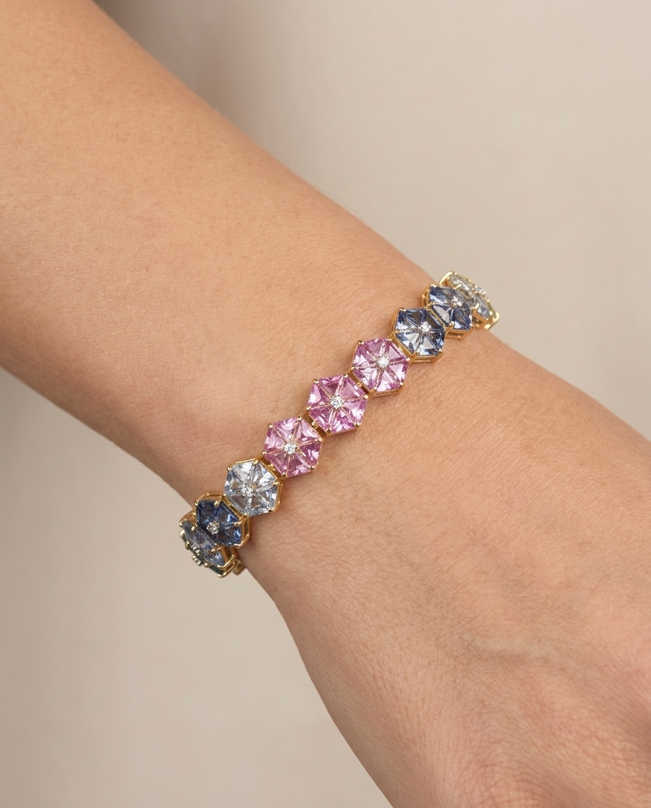14KT Yellow Gold Multi Sapphire and Diamonds Bracelet on model