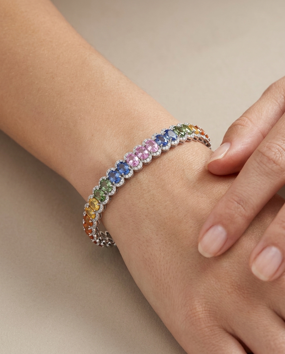 14KT White Gold Diamond and Multi Sapphire Bracelet on model