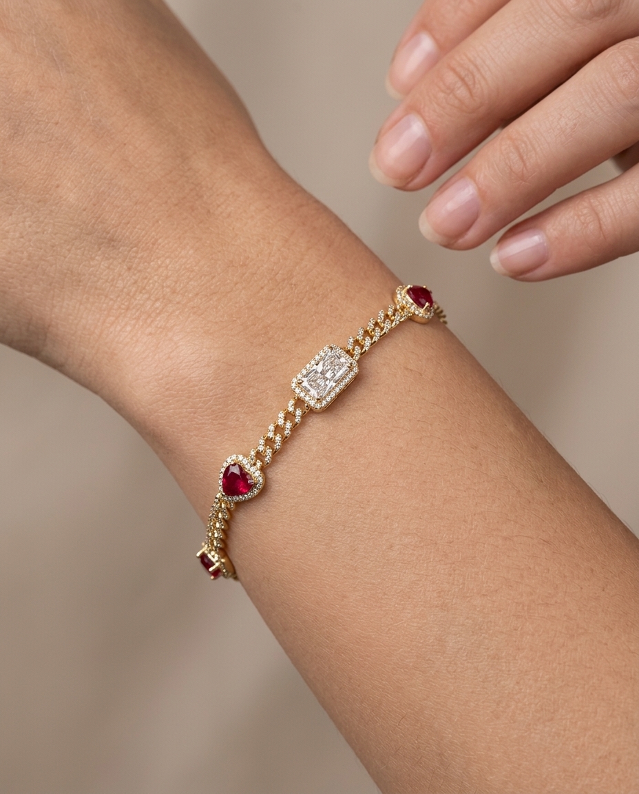14KT Gold Ruby and Diamonds Heart Cuban Bracelet on model