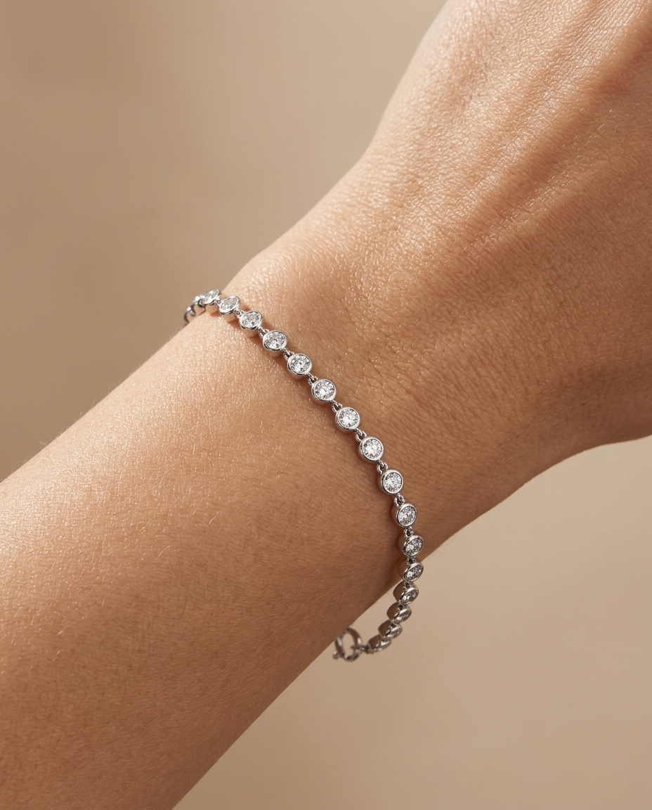 14KT Gold Bezeled Diamond Station Bracelet on model