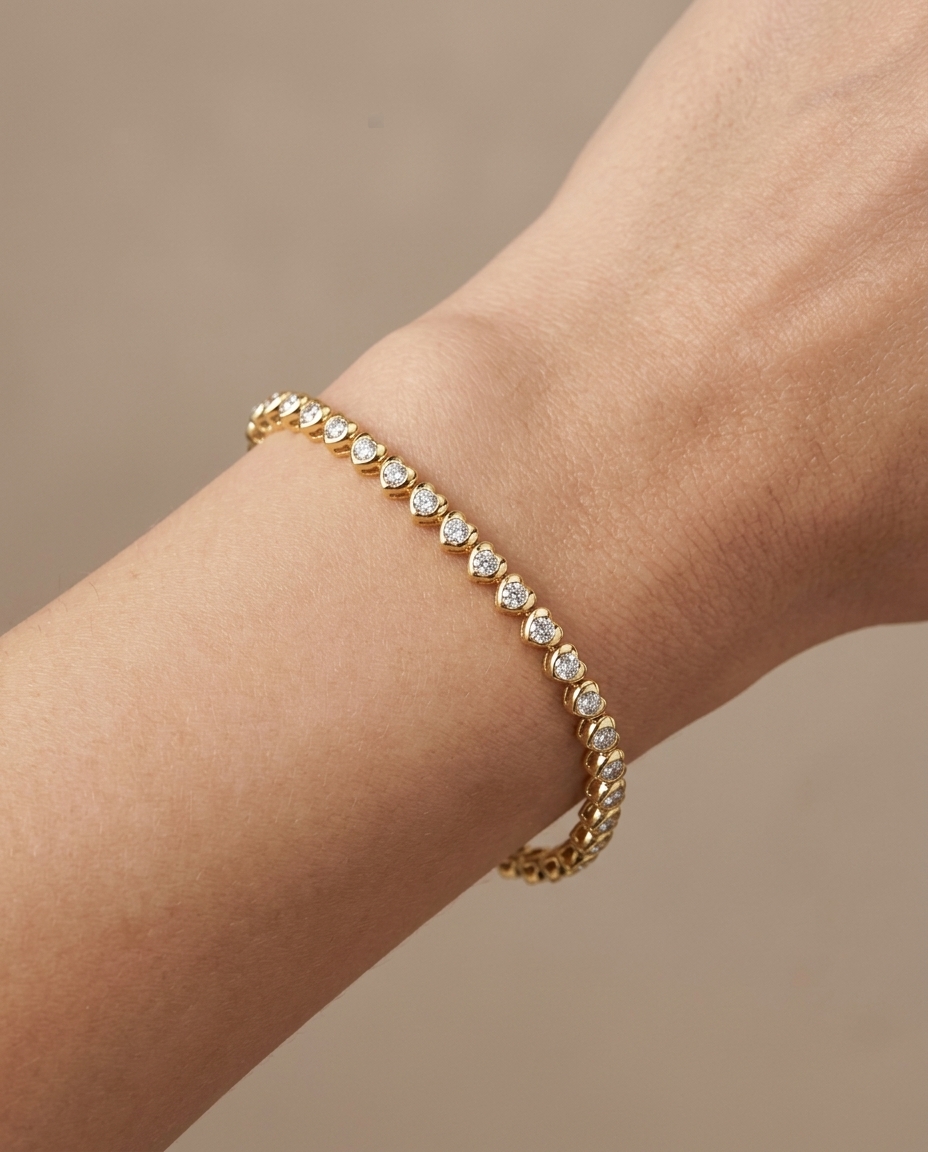 14KT Yellow Gold Diamond Heart Shape Bracelet on model