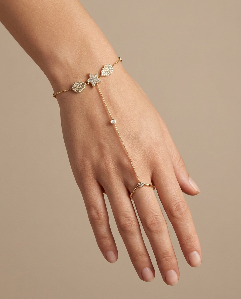 14KT Yellow Gold Diamonds Hand Chain on model