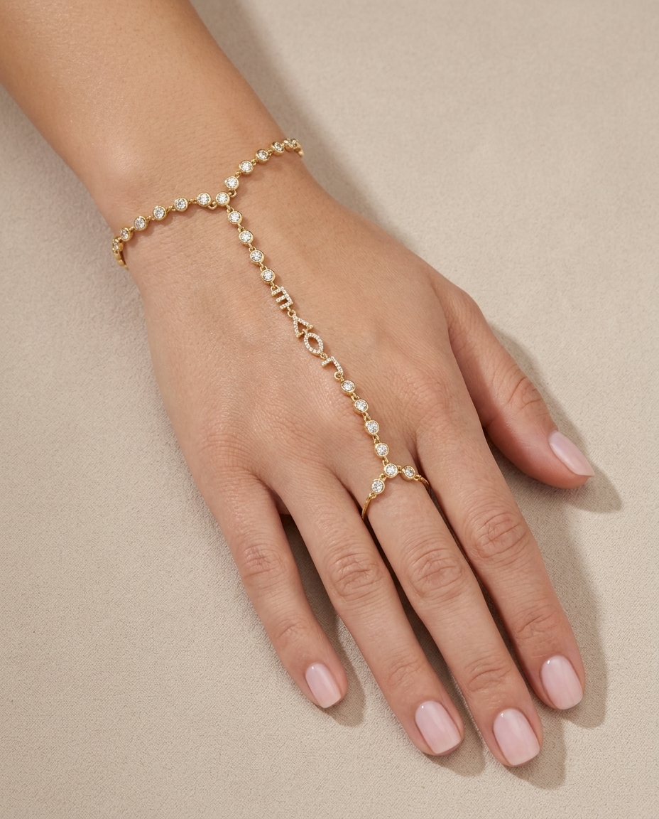 14KT Yellow Gold Diamonds Hand Chain on model