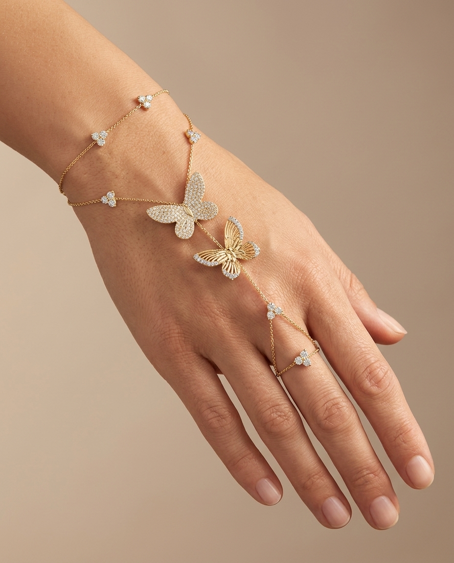 14KT Yellow Gold Diamonds Hand Chain on model