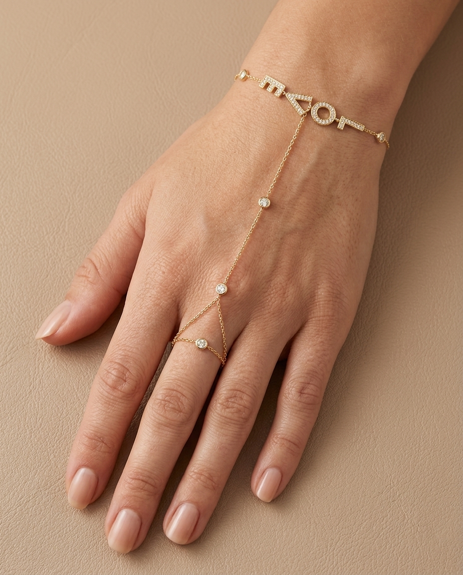 14KT Yellow Gold Diamonds Hand Chain on model