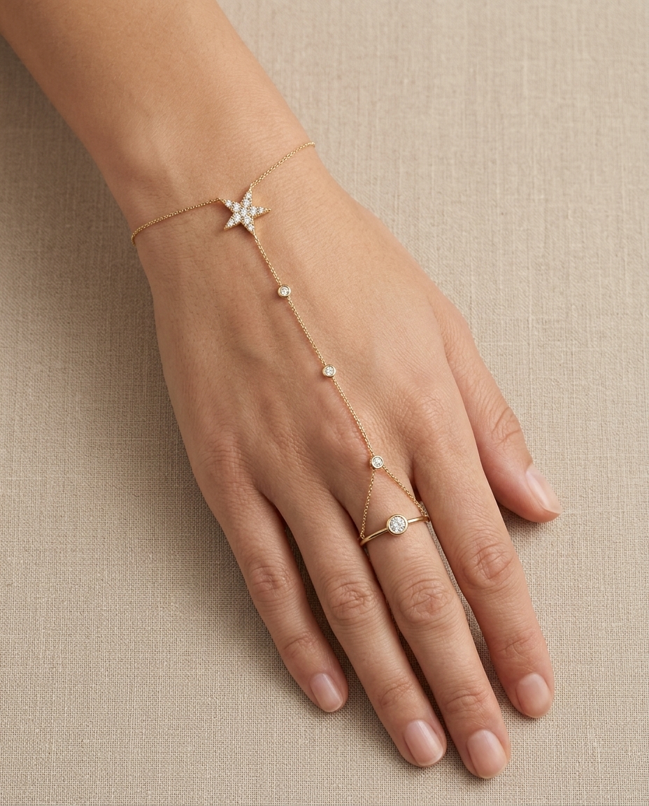 14KT Yellow Gold Diamonds Hand Chain on model