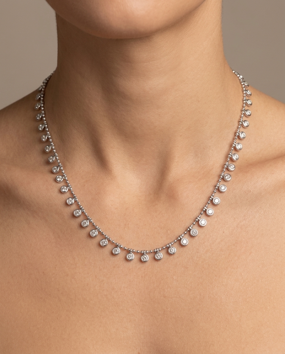 14KT White Gold Bezeled Diamond Dangling Necklace on model