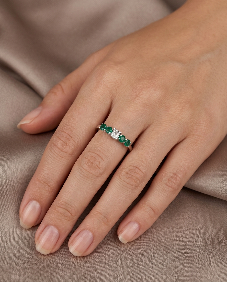 18KT White Gold Emerald and Diamond Ring on model