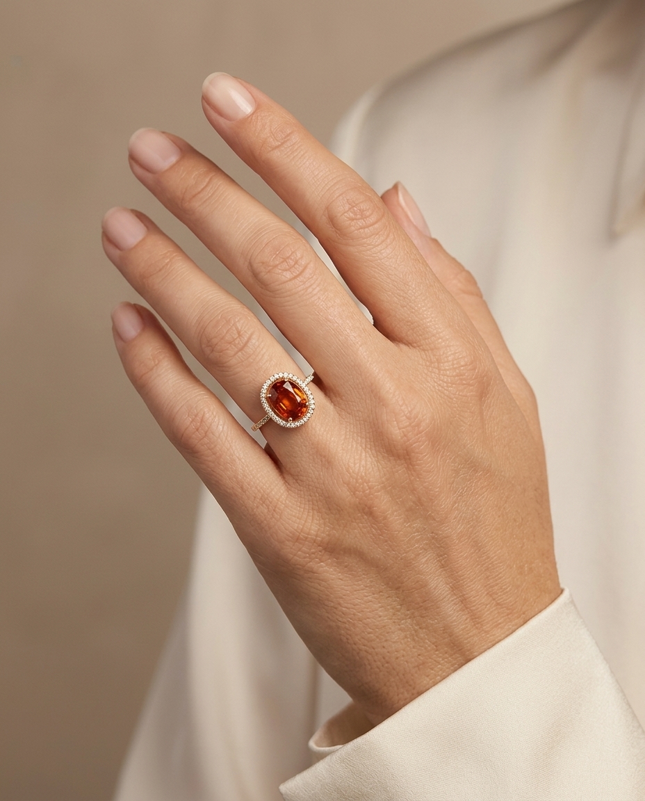 14KT Yellow Gold Orange Sapphire and Diamonds Ring on model