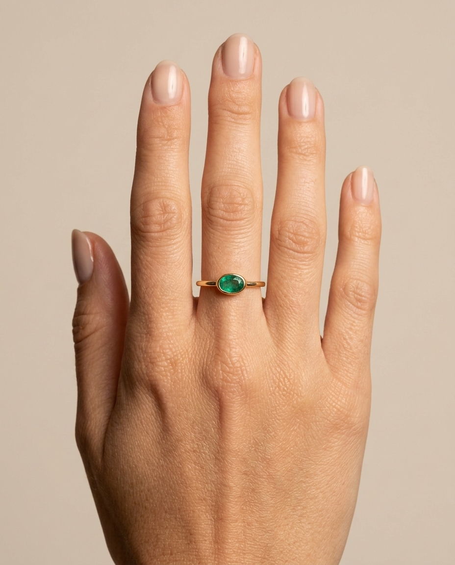 14KT Yellow Gold Emerald Ring on model