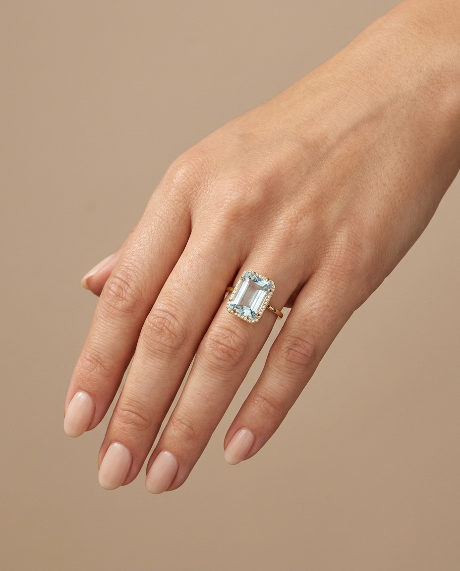 18KT Yellow Gold Aquamarine and Diamonds Ring on model