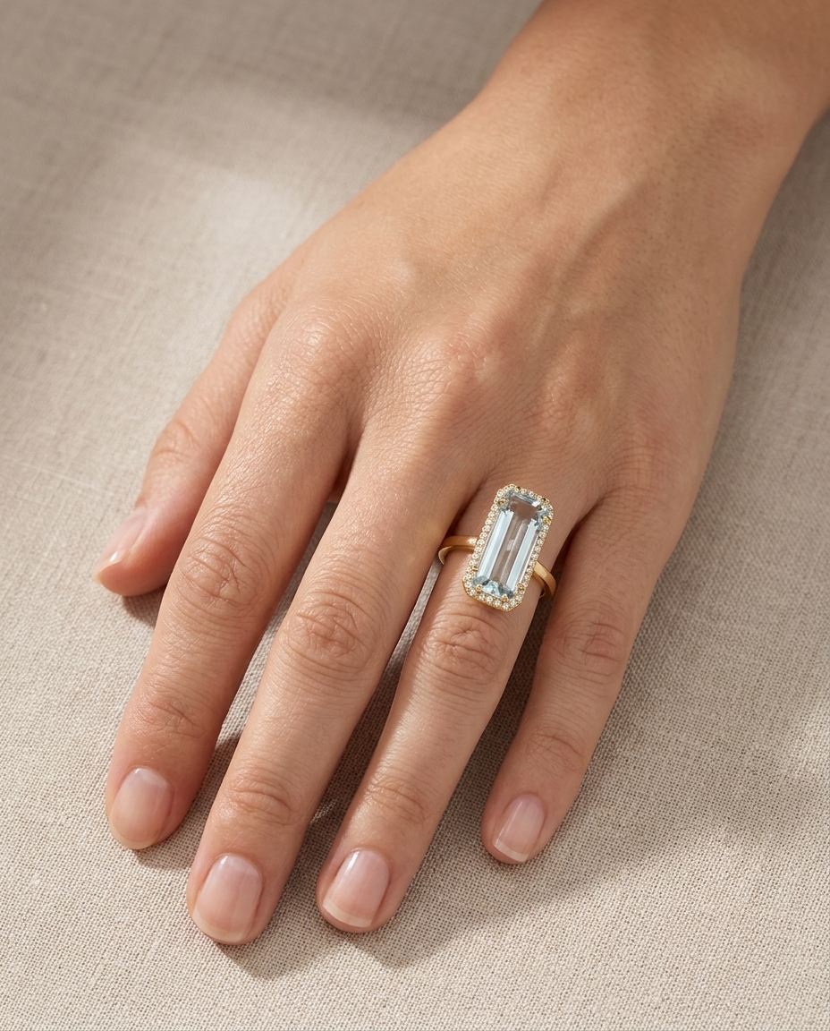 18KT Yellow Gold Aquamarine and Diamonds Ring on model