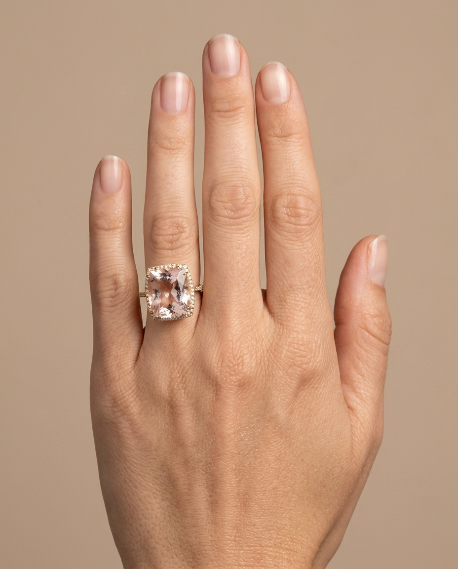 18KT Yellow Gold Morganite and Diamonds Ring on model