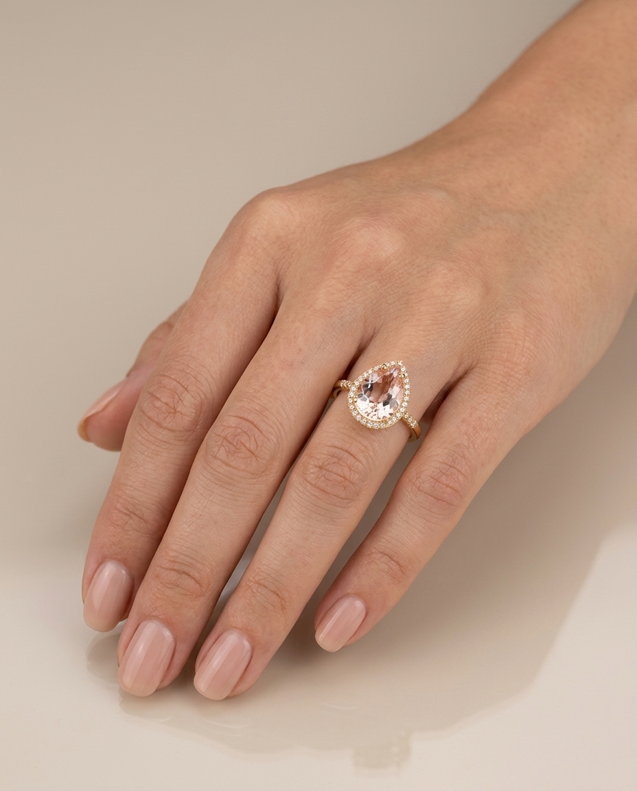 18KT Yellow Gold Morganite and Diamonds Ring on model