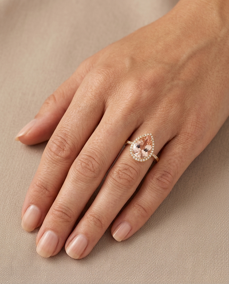 18KT Yellow Gold Morganite and Diamonds Ring on model