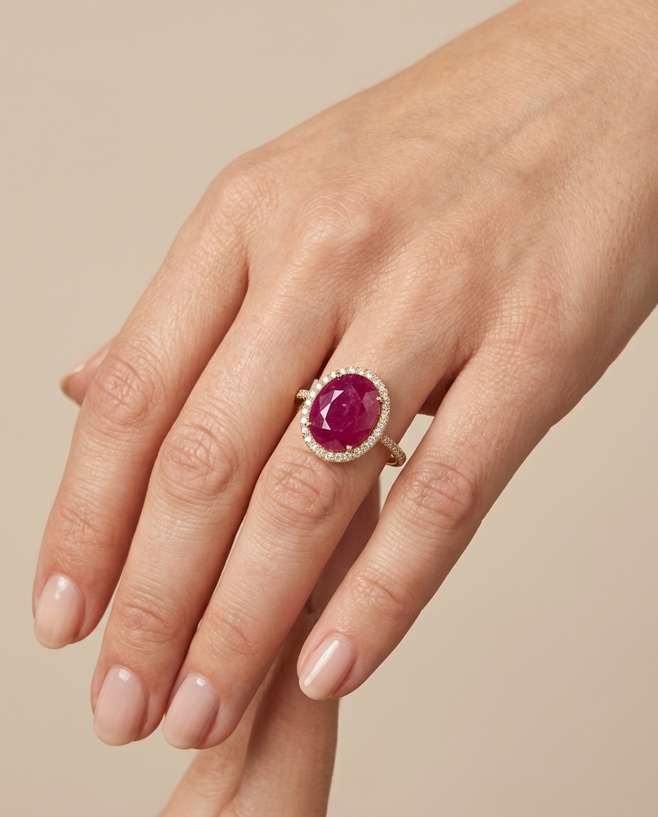 14KT Yellow Gold Ruby Ring with Diamonds on model