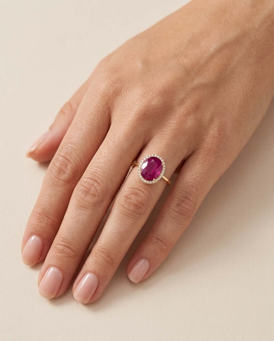 14KT Yellow Gold Ruby Ring with Diamonds on model