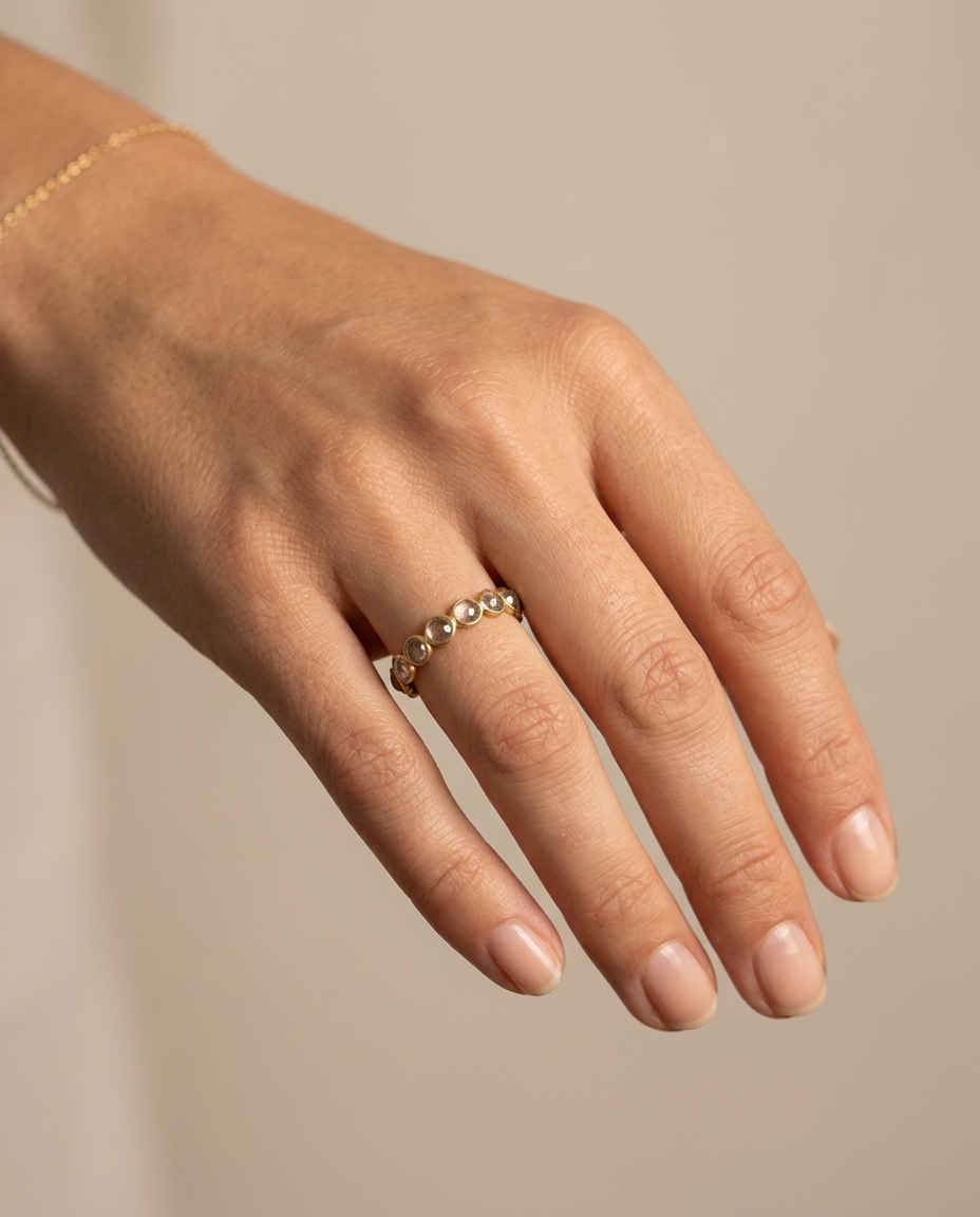 18KT Yellow Gold Rainbow Moonstone Ring on model