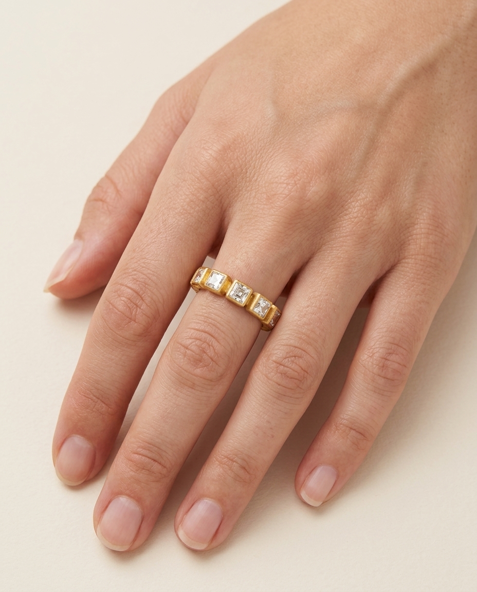 18KT Yellow Gold Rainbow Moonstone Ring on model