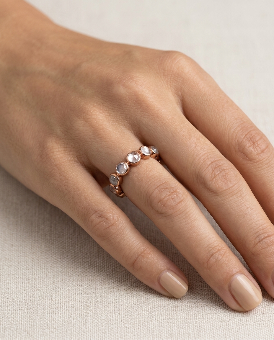 18KT Rose Gold Rainbow Moonstone Ring on model