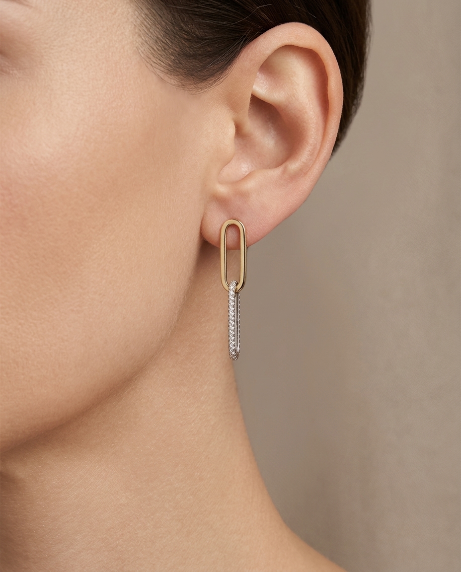 14KT 2 Tone Paperclip Diamond Earring view 2