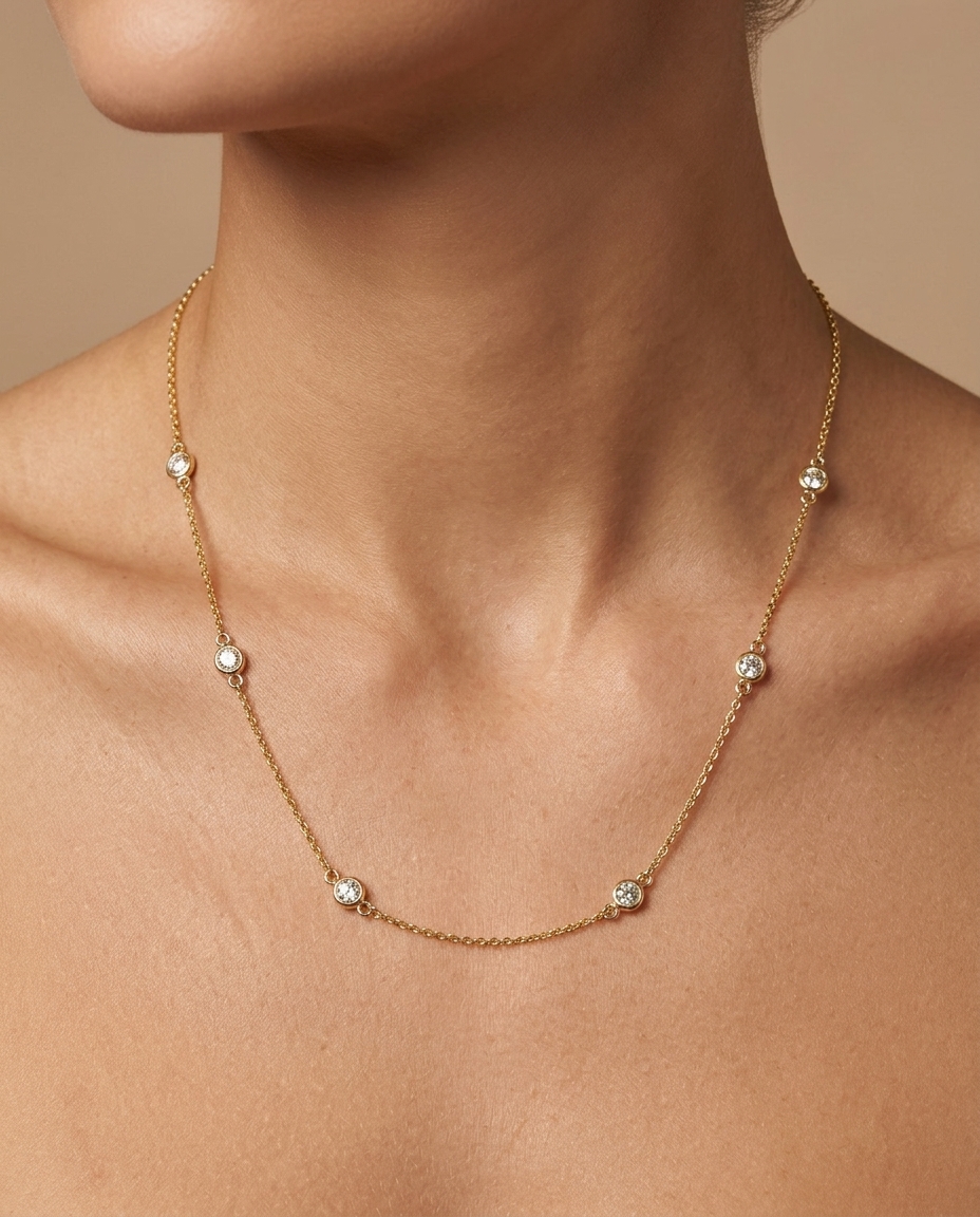 14KT Gold Diamond Station Necklace on model