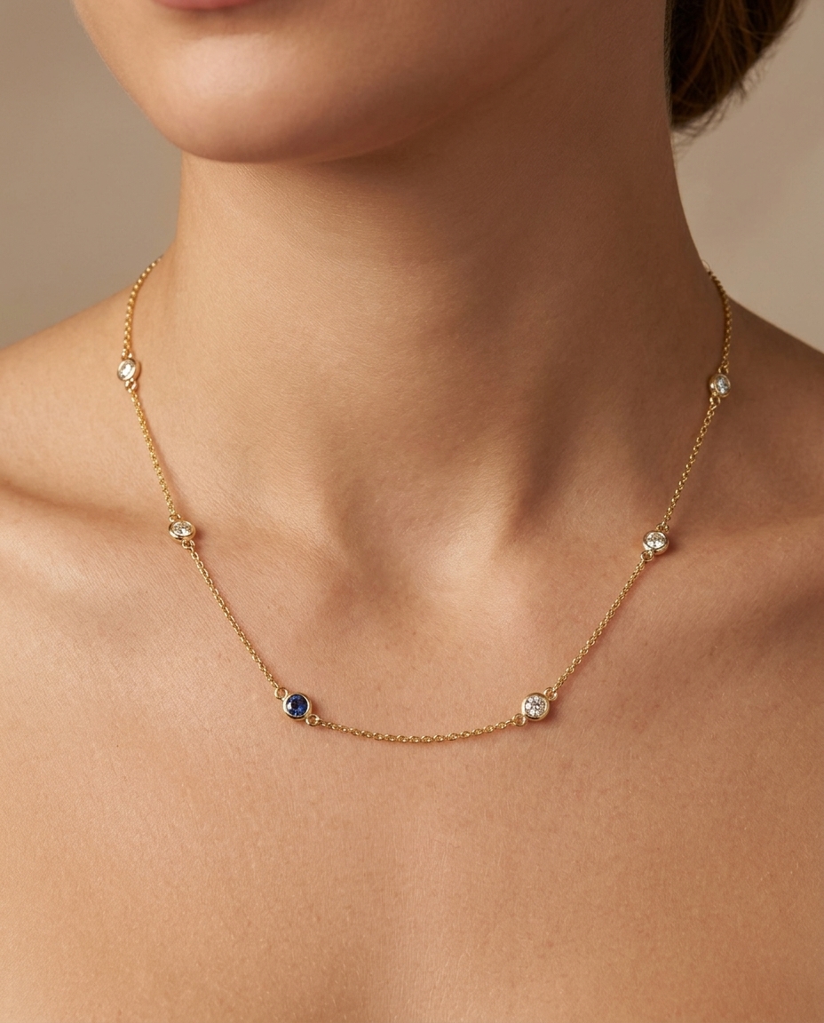 14KT Gold Diamond Station Necklace on model