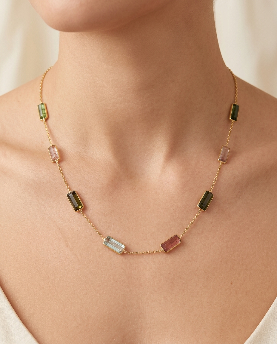 18KT Yellow Gold Tourmaline Station Necklace on model