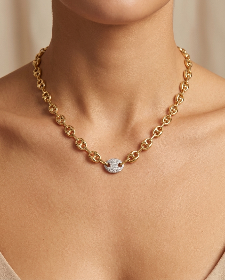 14KT Yellow Gold Hollow Puff Mariner Necklace with Diamond Link on model