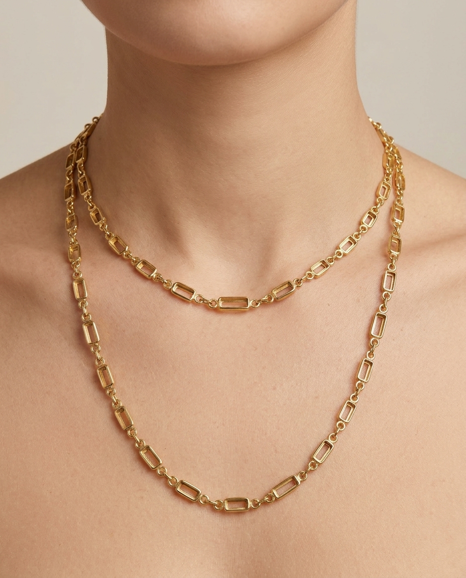 18KT Yellow Gold Multi Tourmaline Baguette Shape Necklace on model