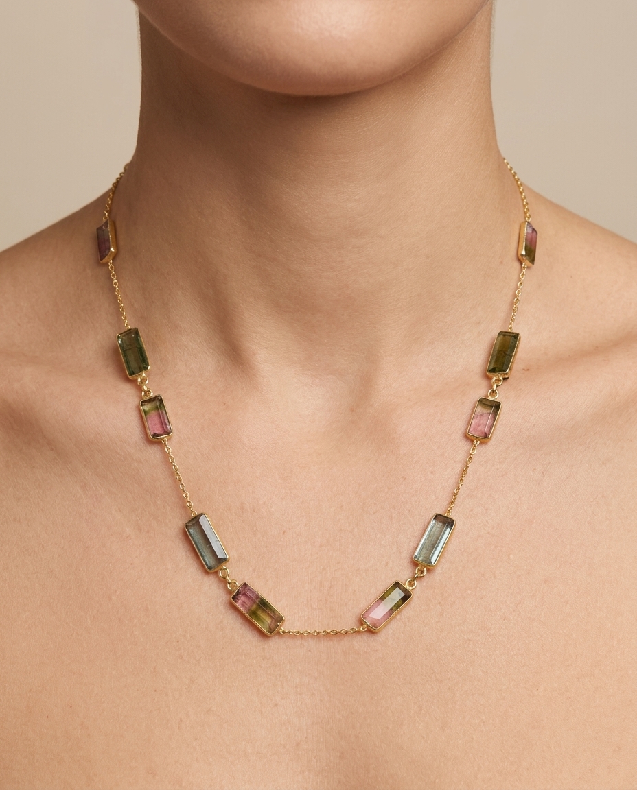 18KT Yellow Gold Tourmaline Station Necklace on model