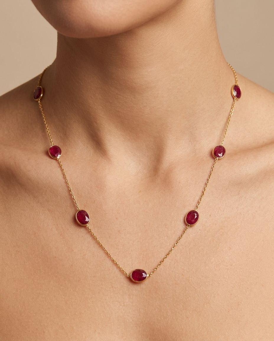 18KT Yellow Gold Bezeled Ruby Necklace on model