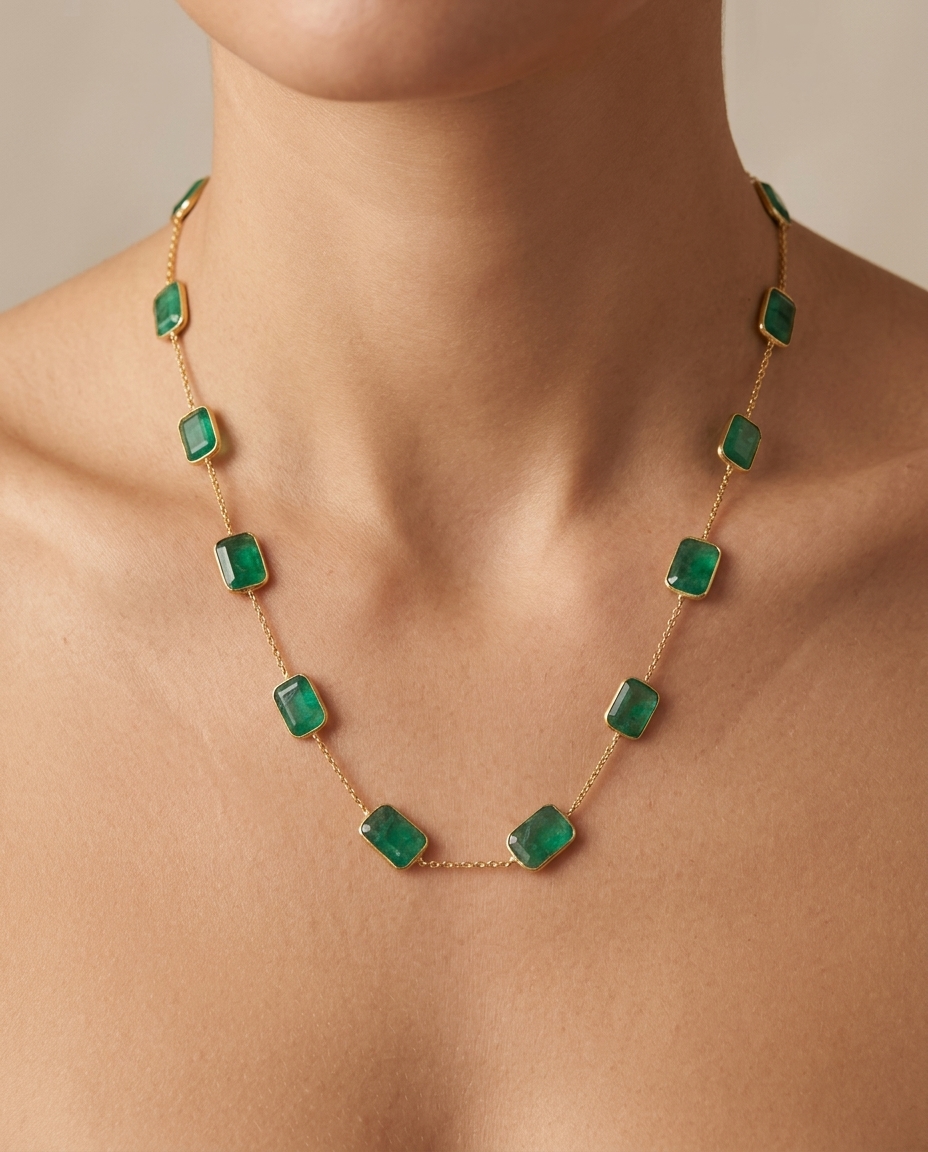 18KT Yellow Gold Bezeled Emerald Necklace on model