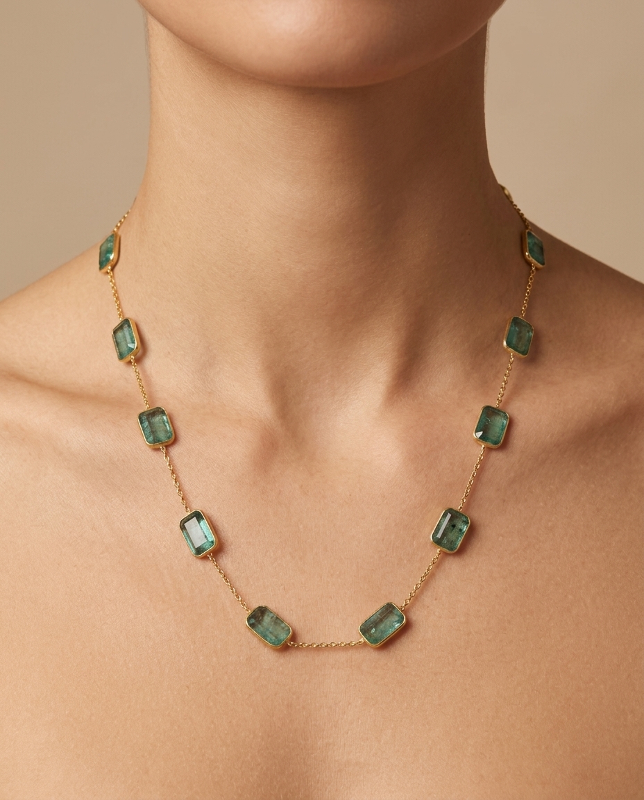 18KT Yellow Gold Bezeled Emerald Necklace on model