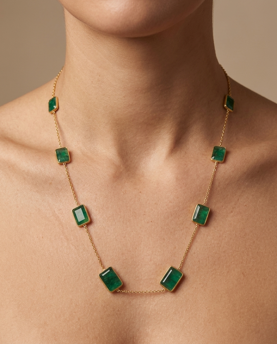 18KT Yellow Gold Bezeled Emerald Necklace on model