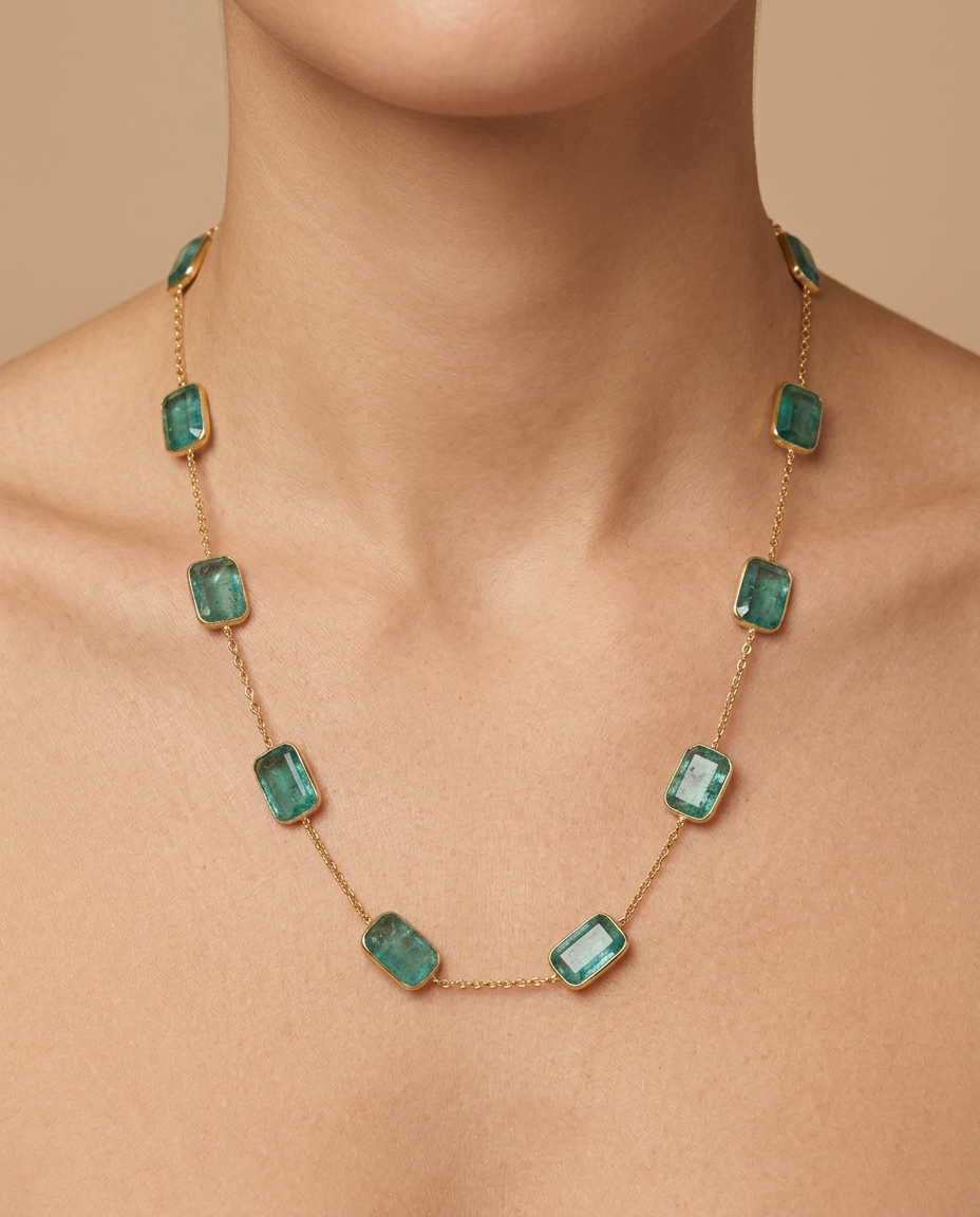18KT Yellow Gold Bezeled Emerald Necklace on model