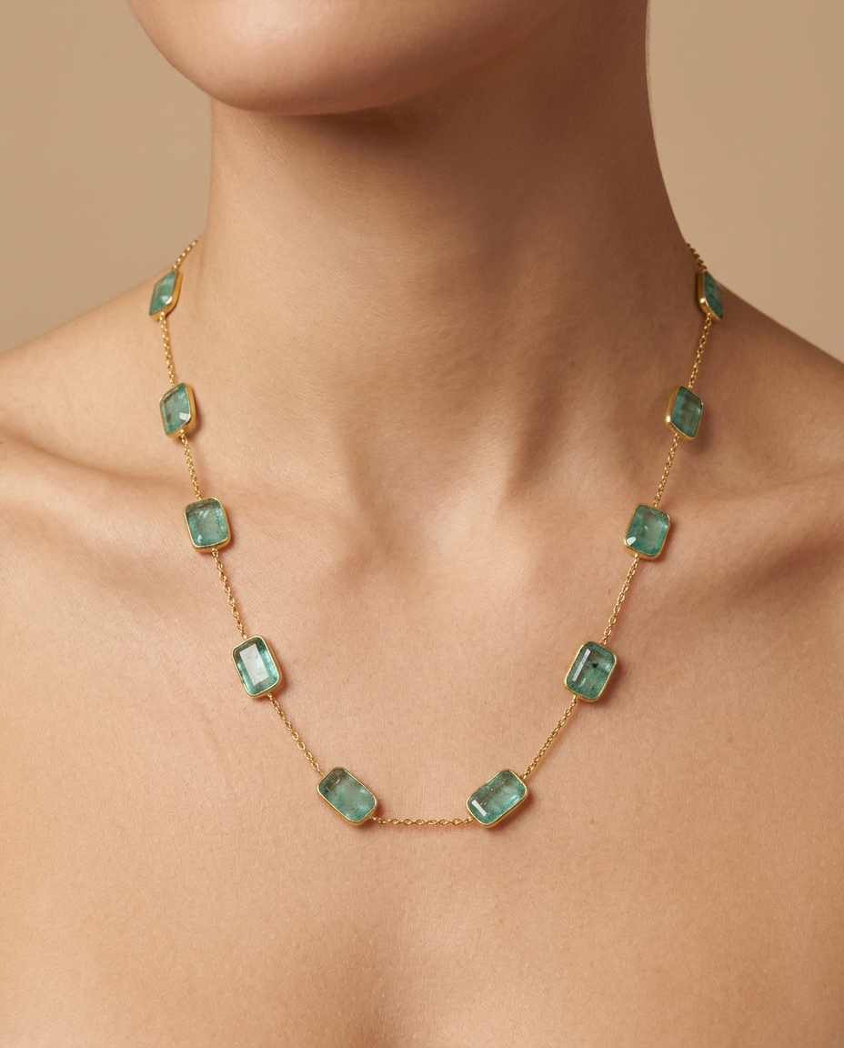 18KT Yellow Gold Bezeled Emerald Necklace on model