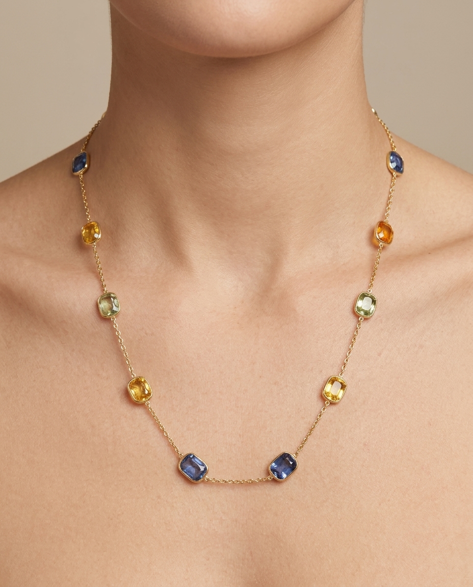 18KT Gold Bezeled Multi Sapphire Necklace on model